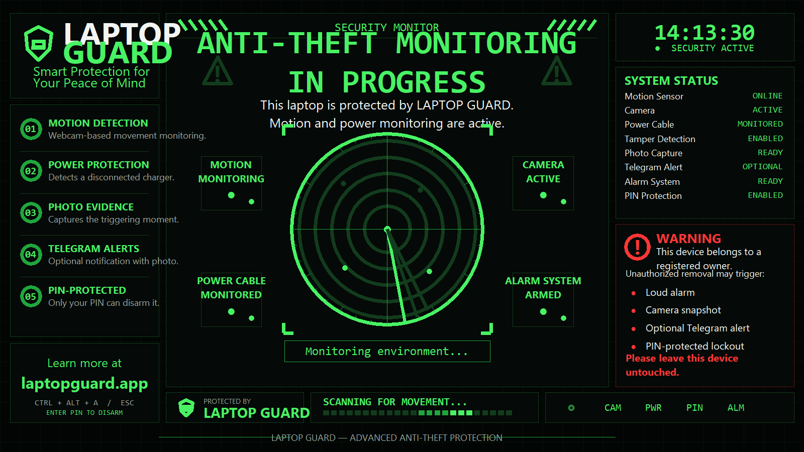 Laptop Guard armed screen: live radar, system status, and armed sensors
